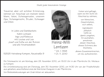 Traueranzeige von Heinz-Willi Lentzen von Super Sonntag / Super Mittwoch