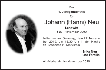 Traueranzeige von Johann Hanni Neu von Super Sonntag / Super Mittwoch