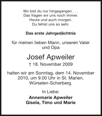 Traueranzeige von Josef Apweiler von Super Sonntag / Super Mittwoch