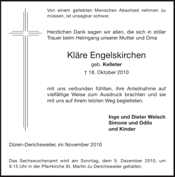 Traueranzeige von Kläre Engelskirchen von Aachener Zeitung / Aachener Nachrichten
