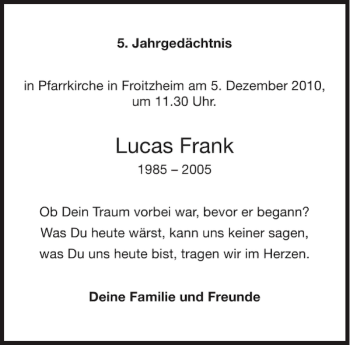 Traueranzeige von Lucas Frank von Aachener Zeitung / Aachener Nachrichten