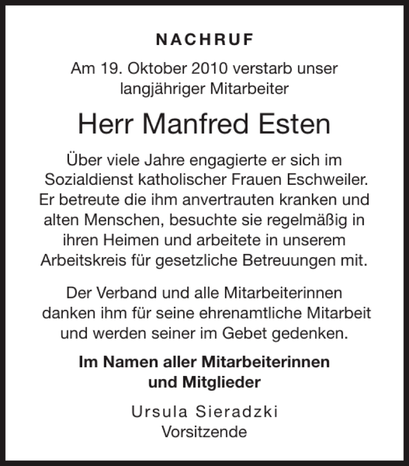  Traueranzeige für Manfred Esten vom 07.11.2010 aus Super Sonntag / Super Mittwoch