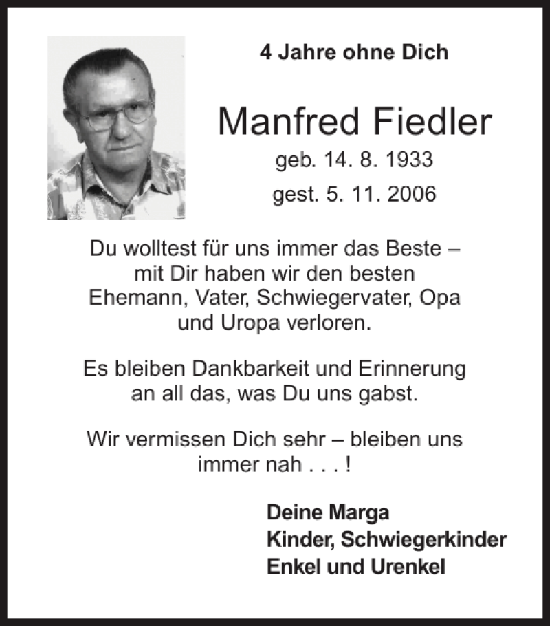  Traueranzeige für Manfred Fiedler vom 14.11.2010 aus Super Sonntag / Super Mittwoch