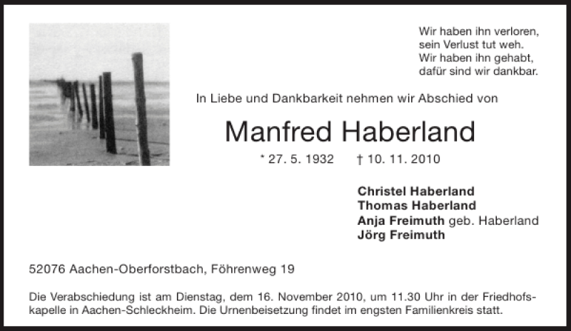  Traueranzeige für Manfred Haberland vom 13.11.2010 aus Aachener Zeitung / Aachener Nachrichten