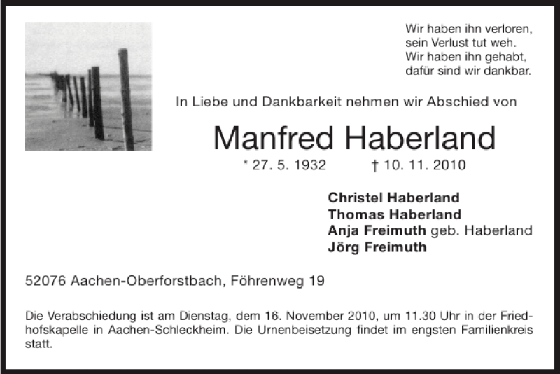  Traueranzeige für Manfred Haberland vom 14.11.2010 aus Super Sonntag / Super Mittwoch