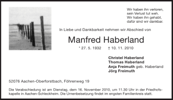 Traueranzeige von Manfred Haberland von Aachener Zeitung / Aachener Nachrichten