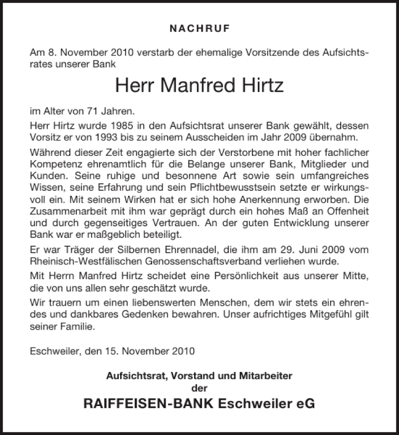  Traueranzeige für Manfred Hirtz vom 15.11.2010 aus Aachener Zeitung / Aachener Nachrichten