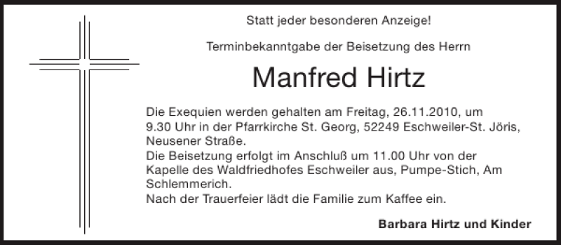  Traueranzeige für Manfred Hirtz vom 20.11.2010 aus Aachener Zeitung / Aachener Nachrichten