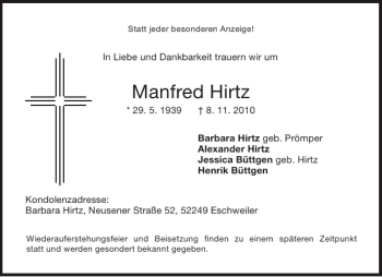 Traueranzeige von Manfred Hirtz von Aachener Zeitung / Aachener Nachrichten