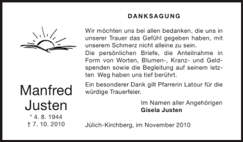 Traueranzeige von Manfred Justen von Super Sonntag / Super Mittwoch