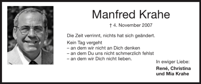  Traueranzeige für Manfred Krahe vom 07.11.2010 aus Super Sonntag / Super Mittwoch