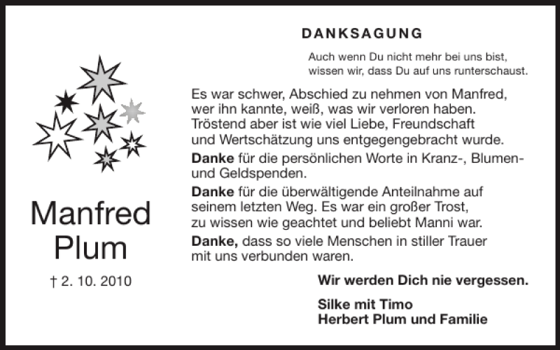  Traueranzeige für Manfred Plum vom 14.11.2010 aus Super Sonntag / Super Mittwoch
