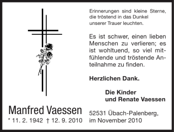 Traueranzeige von Manfred Vaessen von Super Sonntag / Super Mittwoch