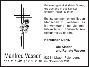 Traueranzeige von Manfred Vassen von Super Sonntag / Super Mittwoch