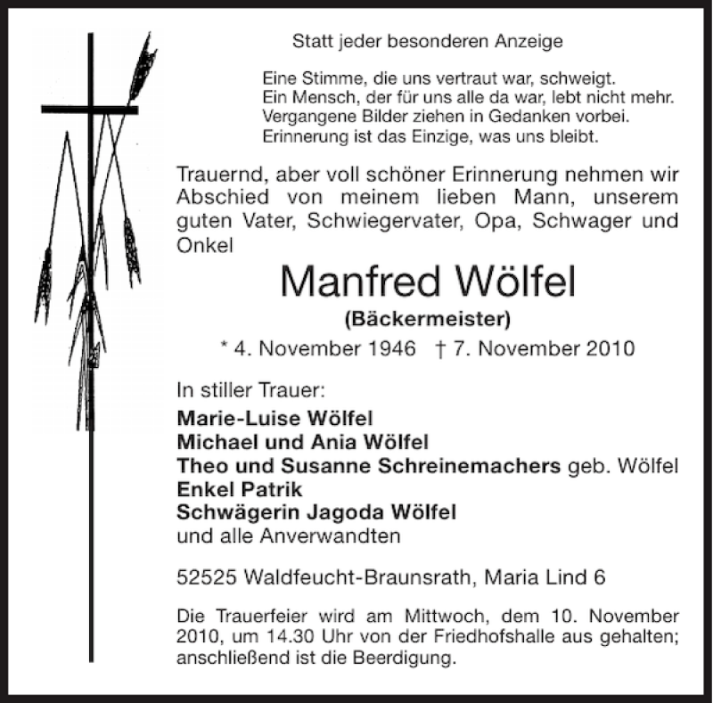  Traueranzeige für Manfred Wölfel vom 09.11.2010 aus Aachener Zeitung / Aachener Nachrichten