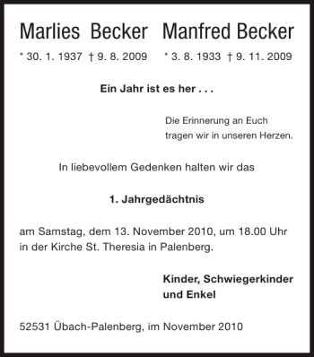 Traueranzeige von Marlie s Becker Manfred Becker von Super Sonntag / Super Mittwoch
