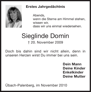 Traueranzeige von Sieglinde Domin von Super Sonntag / Super Mittwoch