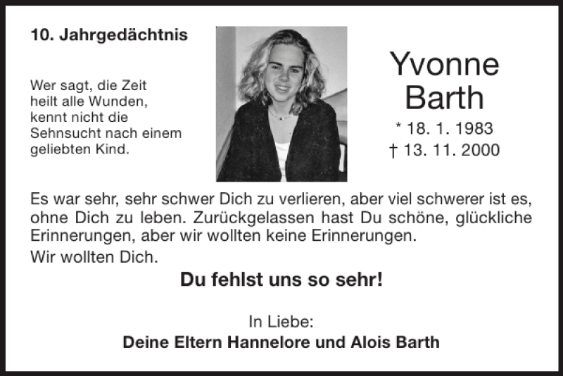  Traueranzeige für Yvonne Barth vom 14.11.2010 aus Super Sonntag / Super Mittwoch