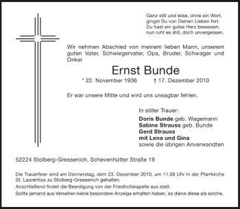 Traueranzeige von Ernst Bunde von Aachener Zeitung / Aachener Nachrichten