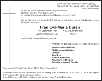 Traueranzeige von Frau Eva-Maria Düren von Aachener Zeitung / Aachener Nachrichten