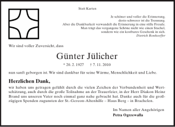 Traueranzeige von Günter Jülicher von Aachener Zeitung / Aachener Nachrichten