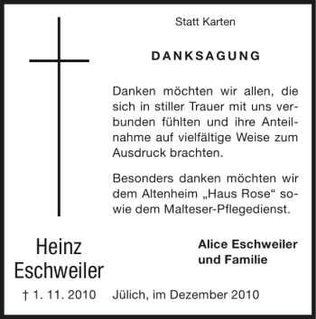 Traueranzeige von Heinz Eschweiler von Super Sonntag / Super Mittwoch