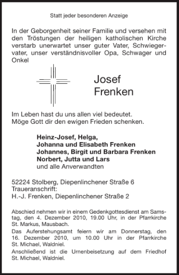 Traueranzeige von Josef Frenken von Aachener Zeitung / Aachener Nachrichten