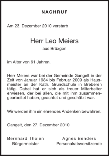 Traueranzeige von Leo Meiers von Aachener Zeitung / Aachener Nachrichten