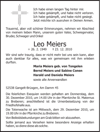 Traueranzeige von Leo Meiers von Aachener Zeitung / Aachener Nachrichten