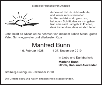 Traueranzeige von Manfred Bunn von Super Sonntag / Super Mittwoch