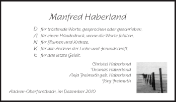 Traueranzeige von Manfred Haberland von Aachener Zeitung / Aachener Nachrichten