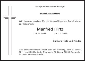 Traueranzeige von Manfred Hirtz von Aachener Zeitung / Aachener Nachrichten