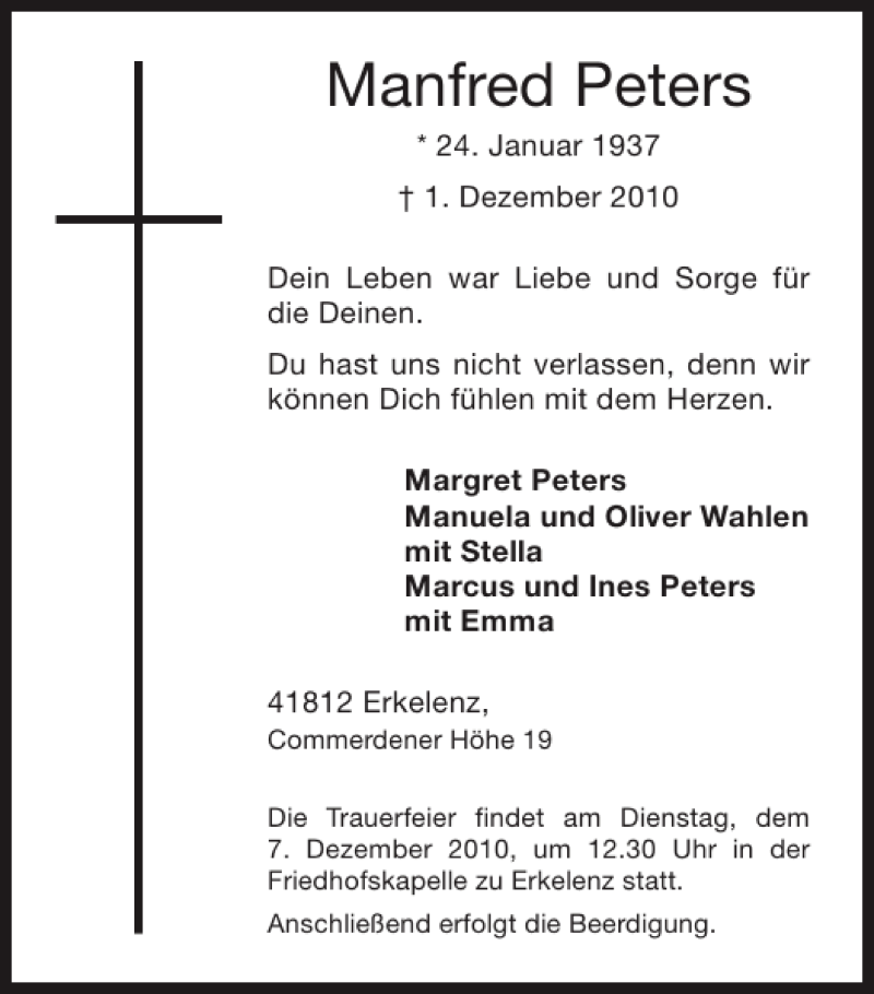  Traueranzeige für Manfred Peters vom 05.12.2010 aus Super Sonntag / Super Mittwoch