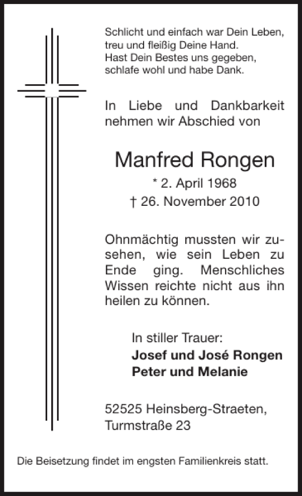  Traueranzeige für Manfred Rongen vom 05.12.2010 aus Super Sonntag / Super Mittwoch
