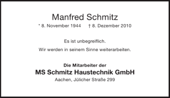 Traueranzeige von Manfred Schmitz von Aachener Zeitung / Aachener Nachrichten