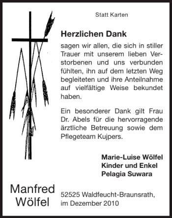 Traueranzeige von Manfred Wölfel von Super Sonntag / Super Mittwoch