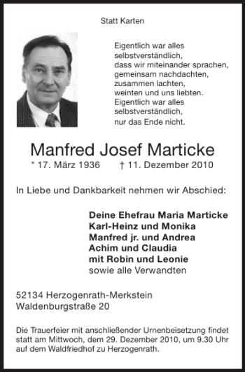 Traueranzeige von Manfred Josef Marticke von Super Sonntag / Super Mittwoch