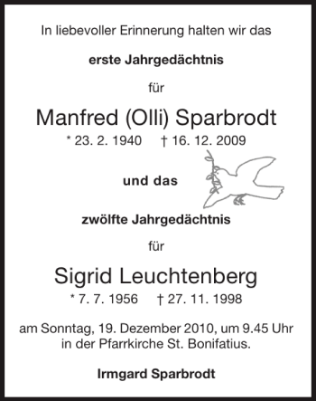 Traueranzeige von Manfred Olli Sparbrodt Sigrid Leuchtenberg von Super Sonntag / Super Mittwoch