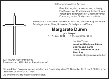 Traueranzeige von Margarete Düren von Aachener Zeitung / Aachener Nachrichten