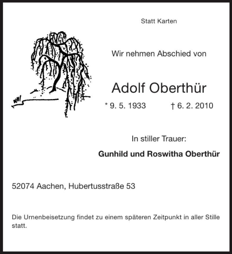  Traueranzeige für Adolf Oberthür vom 09.02.2010 aus Aachener Zeitung / Aachener Nachrichten