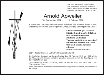 Traueranzeige von Arnold Apweiler von Aachener Zeitung / Aachener Nachrichten