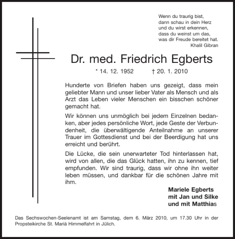  Traueranzeige für Dr. med. Friedrich Egberts vom 27.02.2010 aus Aachener Zeitung / Aachener Nachrichten