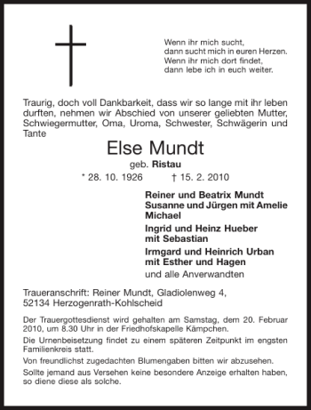 Traueranzeige von Else Mundt von Aachener Zeitung / Aachener Nachrichten