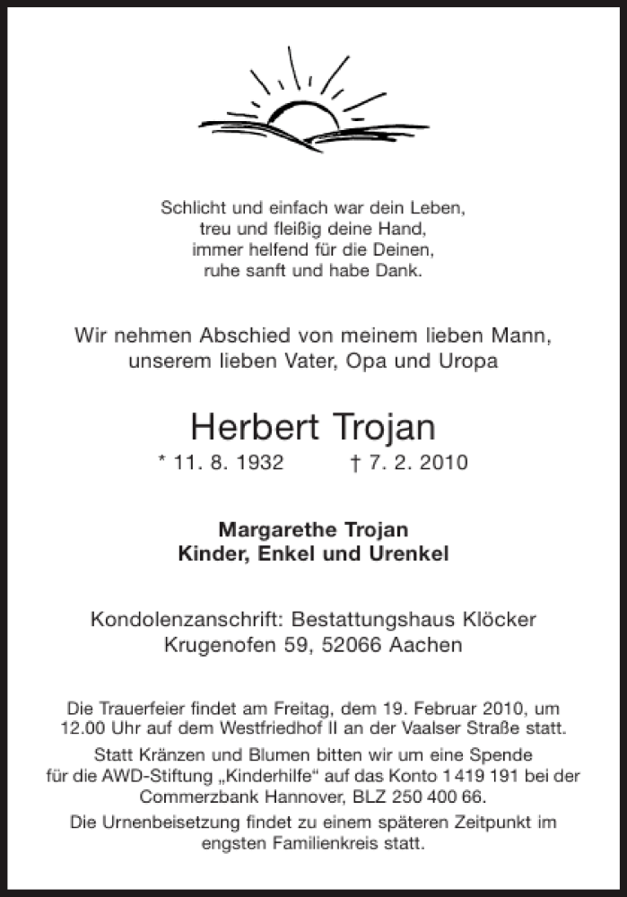  Traueranzeige für Herbert Trojan vom 13.02.2010 aus Aachener Zeitung / Aachener Nachrichten