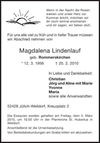 Traueranzeige von Magdalena Lindenlauf von Aachener Zeitung / Aachener Nachrichten