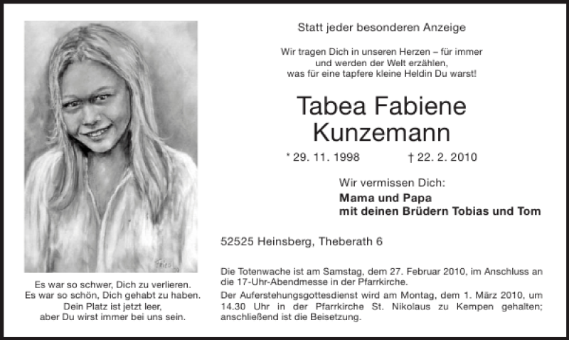  Traueranzeige für Tabea Fabiene Kunzemann vom 25.02.2010 aus Aachener Zeitung / Aachener Nachrichten