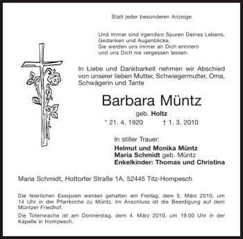 Traueranzeige von Barbara Müntz von Aachener Zeitung / Aachener Nachrichten
