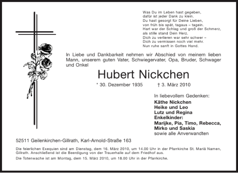  Traueranzeige für Hubert Nickchen vom 13.03.2010 aus Aachener Zeitung / Aachener Nachrichten