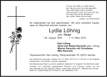 Traueranzeige von Lydia Löhnig von Aachener Zeitung / Aachener Nachrichten