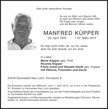 Traueranzeige von MANFRED KÜPPER von Aachener Zeitung / Aachener Nachrichten